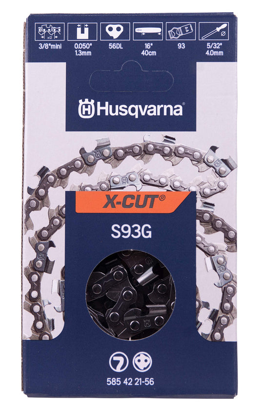 Husqvarna X-Cut S93G 16 Inch Chainsaw Chain, 3/8" Mini Pitch, .050" Gauge, 52 Drive Link Chainsaw Blade Replacement, Pre-Stretched and Low Kickback, Gray