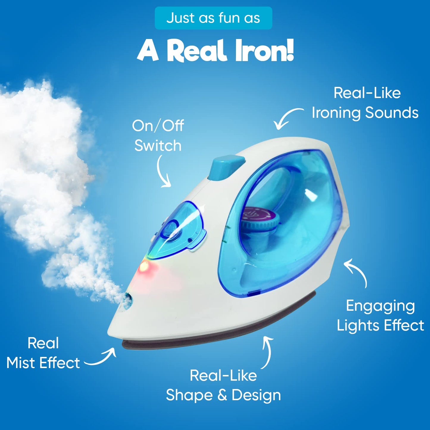 Misco Toys Kids Kitchen Appliances, Children Kitchen Pretend Play Laundry Iron Appliance Set for Toddlers, Real Lights and Vapor/steam Function, simulations Sound, Safe and Fun for All Kids.(Blue)