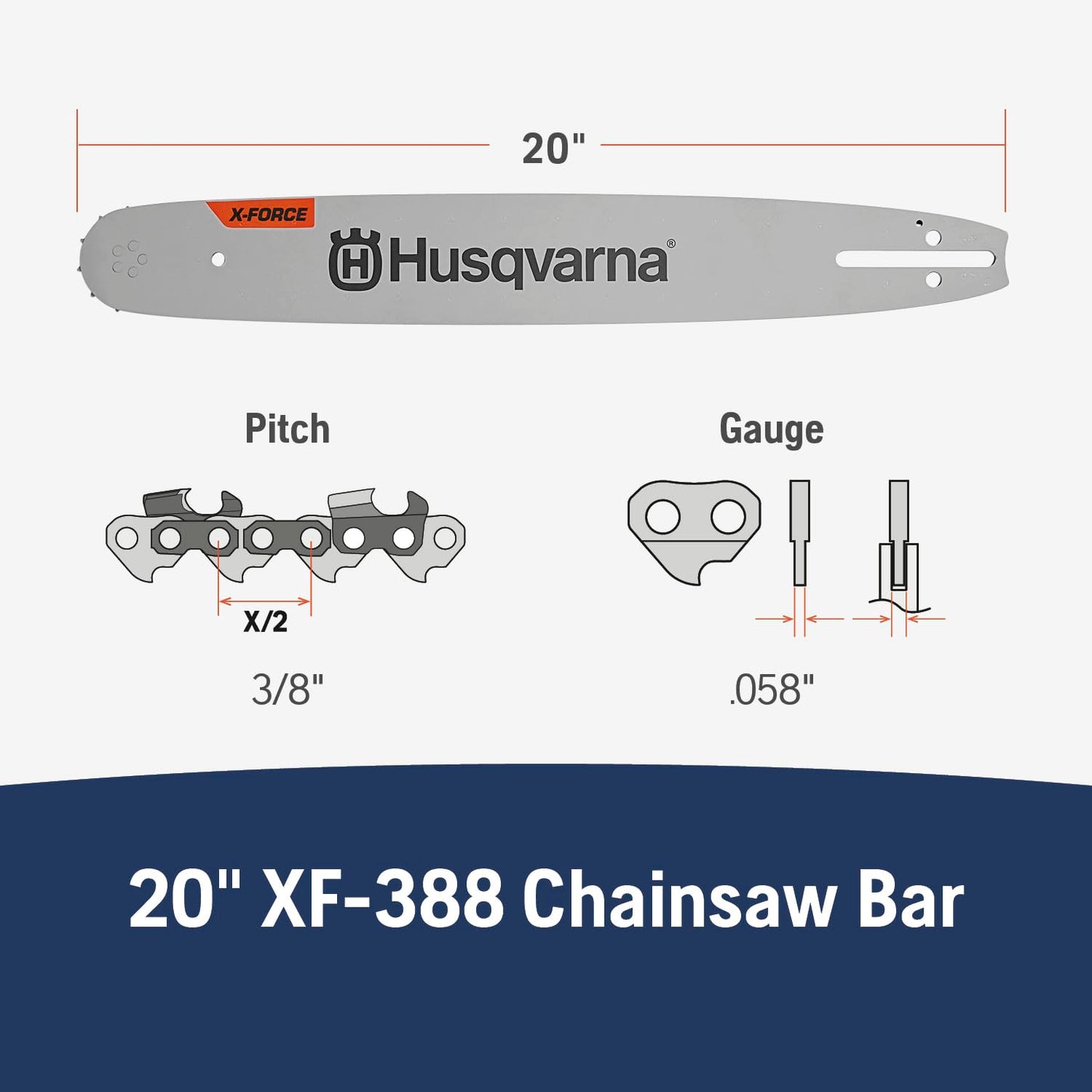 Husqvarna X-Force (XF-388) 20 inch Chainsaw Guide Bar, 3/8" pitch, .058 gauge, 72 drive links
