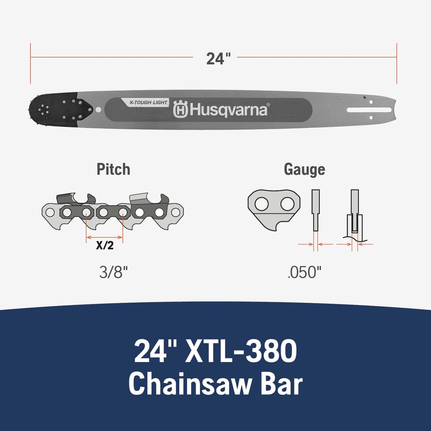 Husqvarna X-Tough Light 24 inch Chainsaw Bar, 3/8" pitch, 050" gauge and 84 drive links