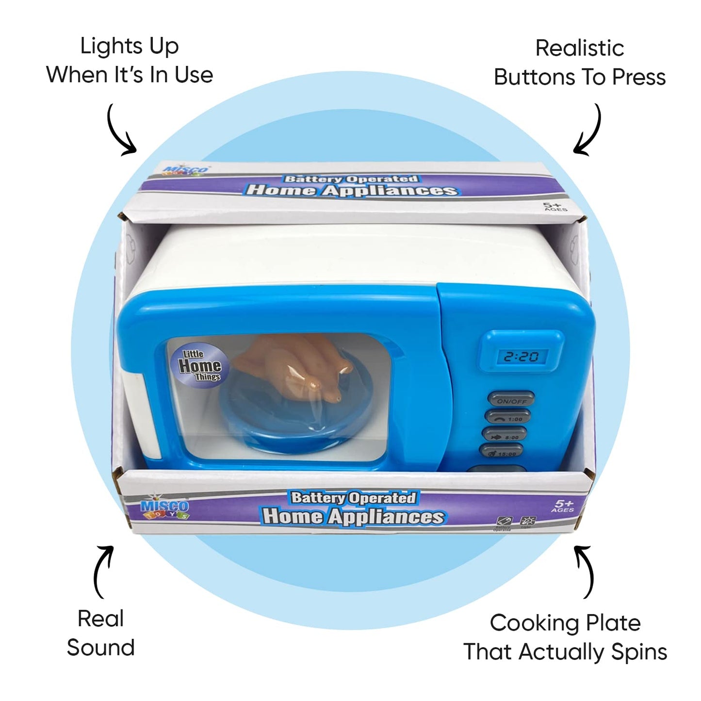 Misco Toys Kids Microwave Kitchen Appliances, Childrens Microwave Oven Pretend Play Appliance Set for Toddlers, Cookware Toy Set, Real Function Lights and Sounds, Ages 3+ (Blue)