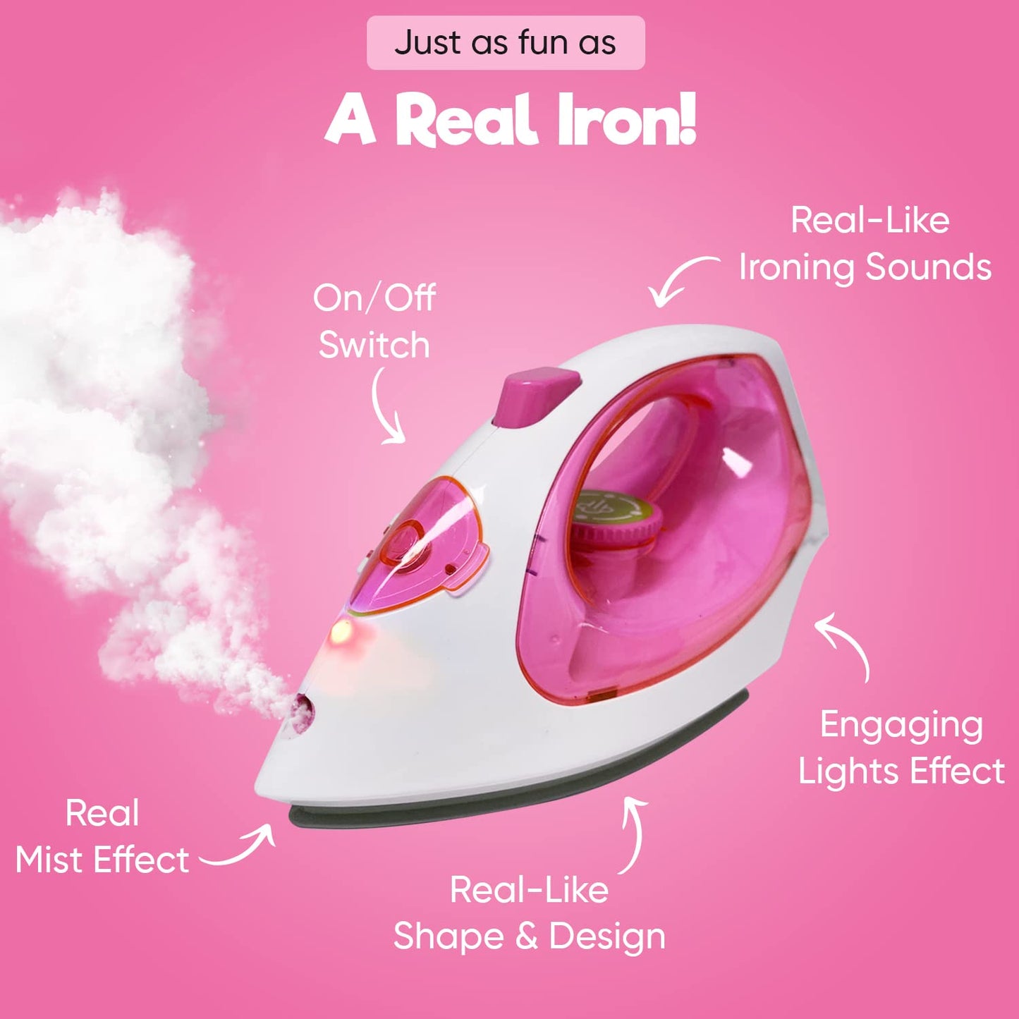 Misco Toys Kids Kitchen Appliances, Children Kitchen Pretend Play Laundry Iron Appliance Set for Toddlers, Real Lights and Vapor/steam Function, simulations Sound, Safe and Fun for All Kids.(Pink)