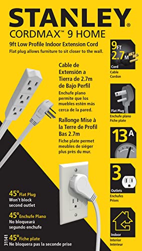 Stanley 31131 CordMax Office, Grounded 9ft Low Profile 3-Outlet Indoor Extension Cord, Black