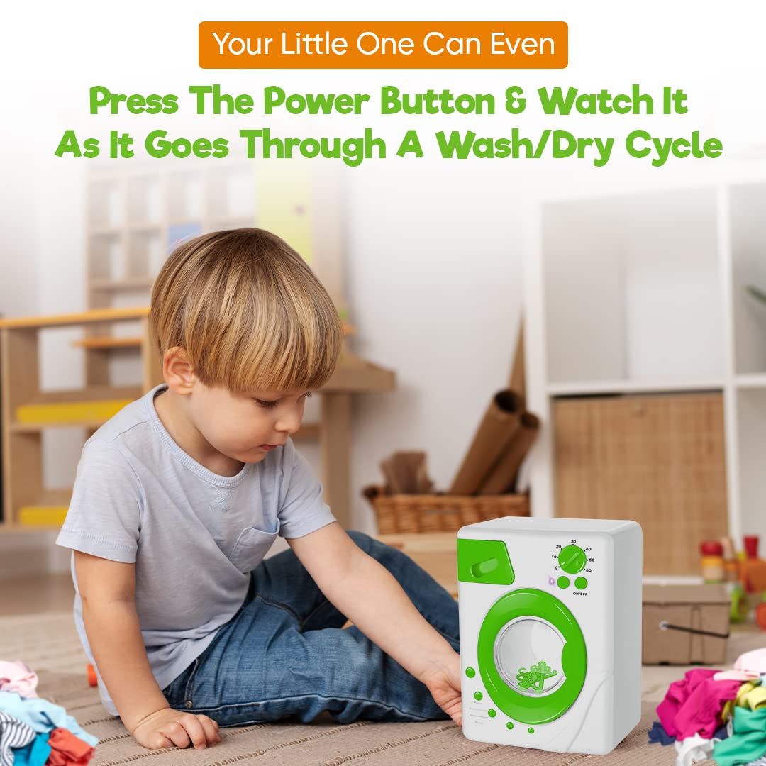 Misco Toys Kids Pretend Play Washing Machine Toy playset, Children Toy wash Machine Appliance Set for Toddlers, Real Life Lights and Sounds, Great Gift Ages 3+ (Green)