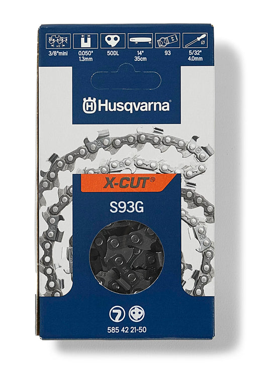 Husqvarna X-Cut S93G 14 Inch Chainsaw Chain, 3/8" Pitch, .050" Gauge, 50 Drive Link Chainsaw Blade Replacement, Pre-Stretched and Low Kickback, Gray