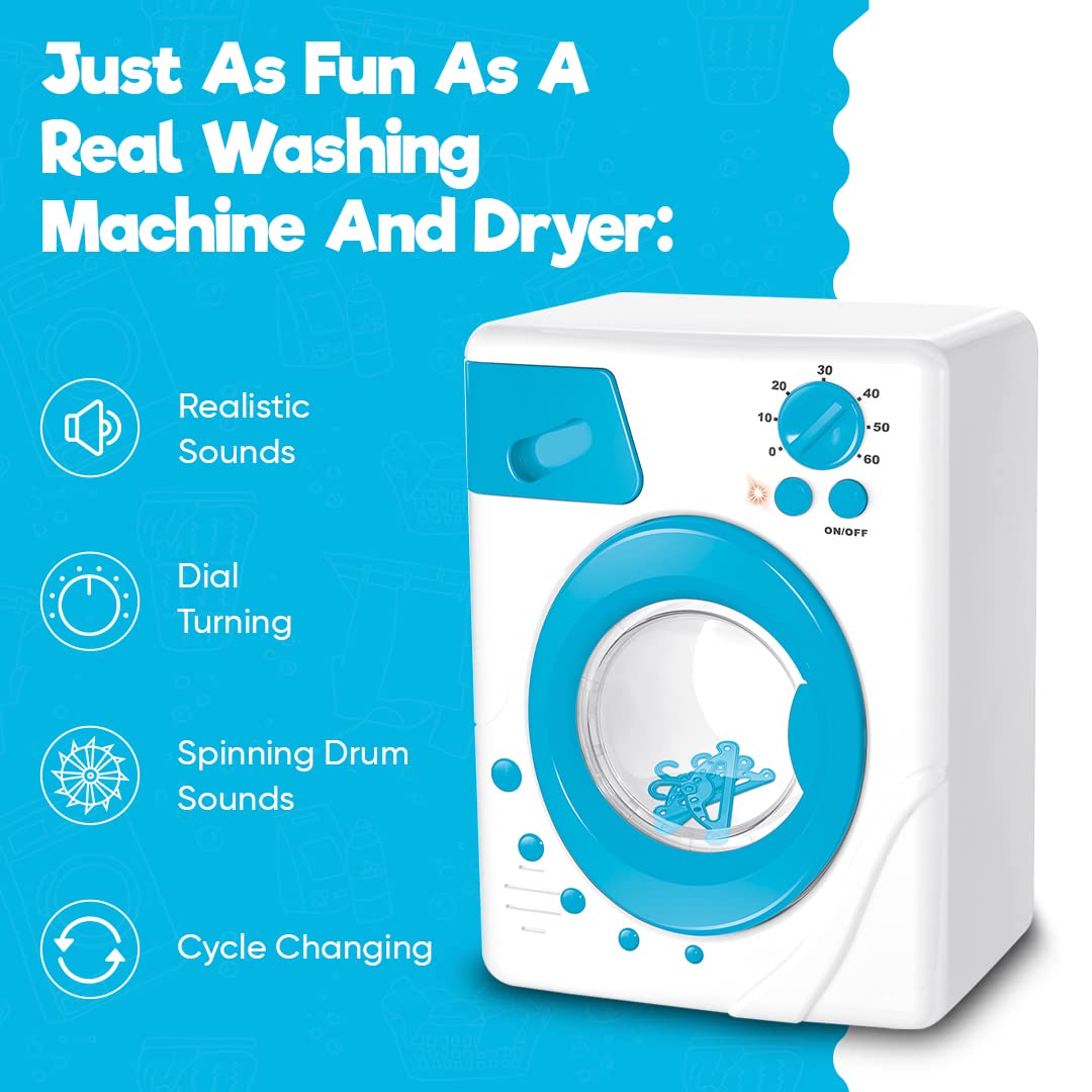 Misco Toys Kids Pretend Play Washing Machine Toy playset, Children Toy wash Machine Appliance Set for Toddlers, Real Life Lights and Sounds, Great Gift Ages 3+ (Blue)