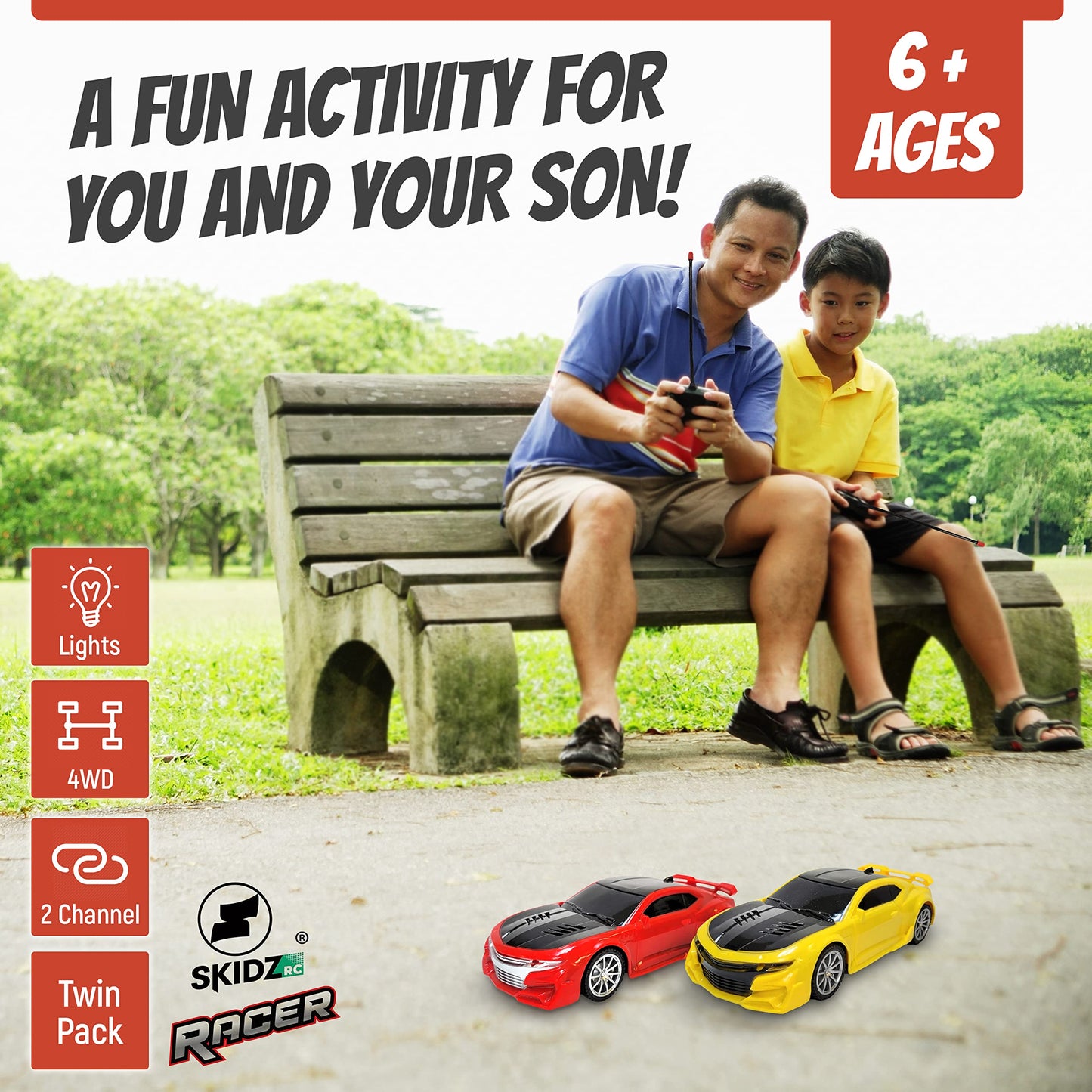 Skidz RC Cars for Kids, Remote Control Toy Car; High Speed Racer Boys Ages 4-7 Years 8-12 4WD Off-Road 1:24 Scale 2 Two Pack R/C Set 27mhz and 49Mhz 4Channel, Full Function (Red and Yellow)