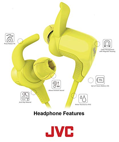 JVC Black and Yellow Wireless Water Resistant Pivot Motion Sport Headphone with Locking Ear Fit HA-ET50BTB
