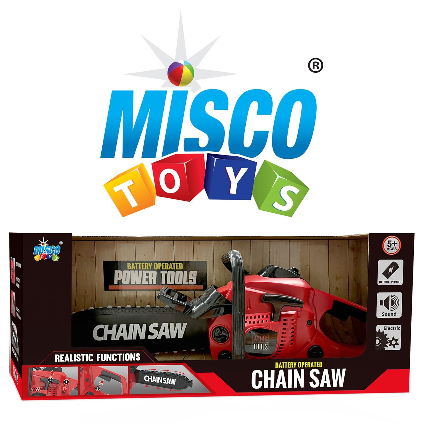 Misco Toys Pretend Play Kids Chainsaw Toy Tool Garden Set, Kids Construction Gardening Toy,Real Sound and Spin, Perfect for Toddlers and Babies, Realistic Effect and Great Gift!