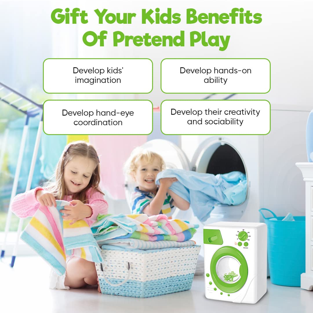 Misco Toys Kids Pretend Play Washing Machine Toy playset, Children Toy wash Machine Appliance Set for Toddlers, Real Life Lights and Sounds, Great Gift Ages 3+ (Green)
