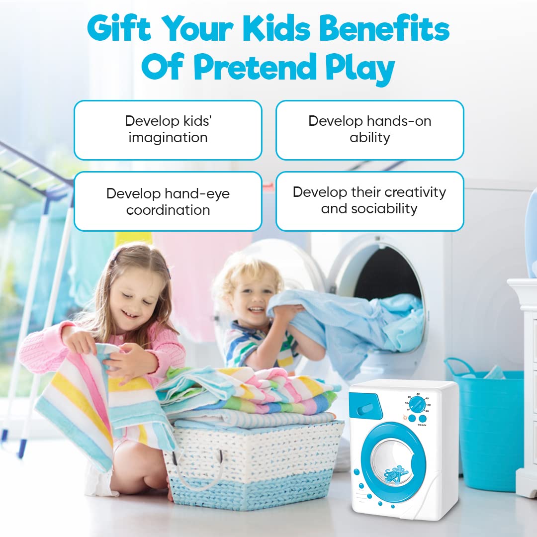 Misco Toys Kids Pretend Play Washing Machine Toy playset, Children Toy wash Machine Appliance Set for Toddlers, Real Life Lights and Sounds, Great Gift Ages 3+ (Blue)