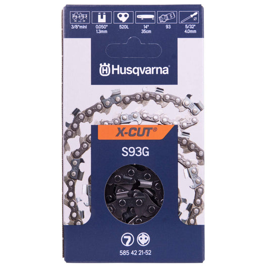 Husqvarna X-Cut S93G 14 Inch Chainsaw Chain, 3/8" Mini Pitch, .050" Gauge, 52 Drive Link Chainsaw Blade Replacement, Pre-Stretched and Low Kickback, Gray