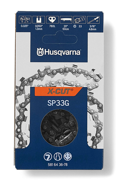 Husqvarna X-Cut SP33G 20 Inch Chainsaw Chain, .325" Pitch, .050" Gauge, 78 Drive Links, Pre-Stretched Chainsaw Blade Replacement with Superior Lubrication and Low Kickback, Gray