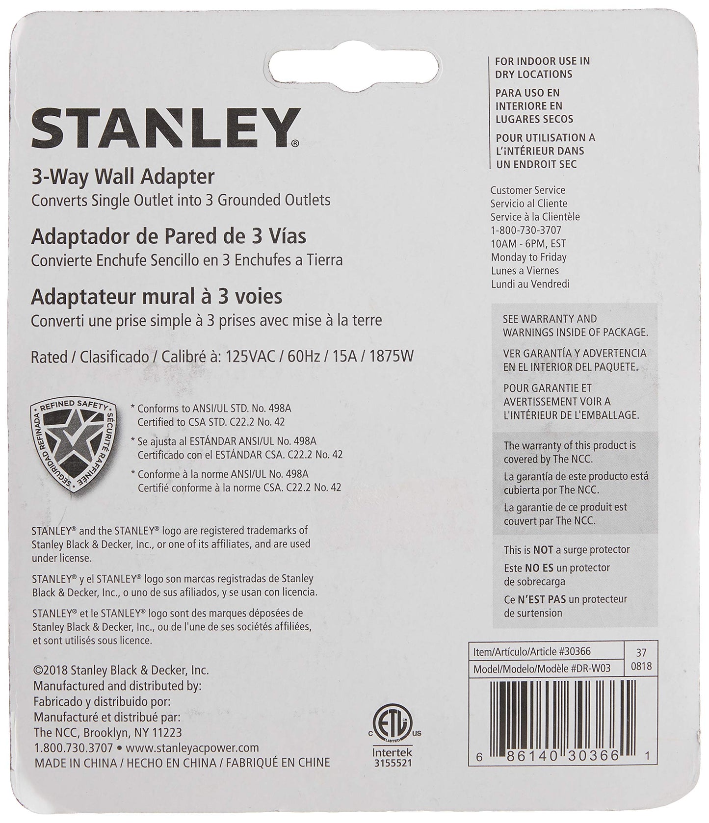 Stanley 30366 3 Way Wall Adapter, White