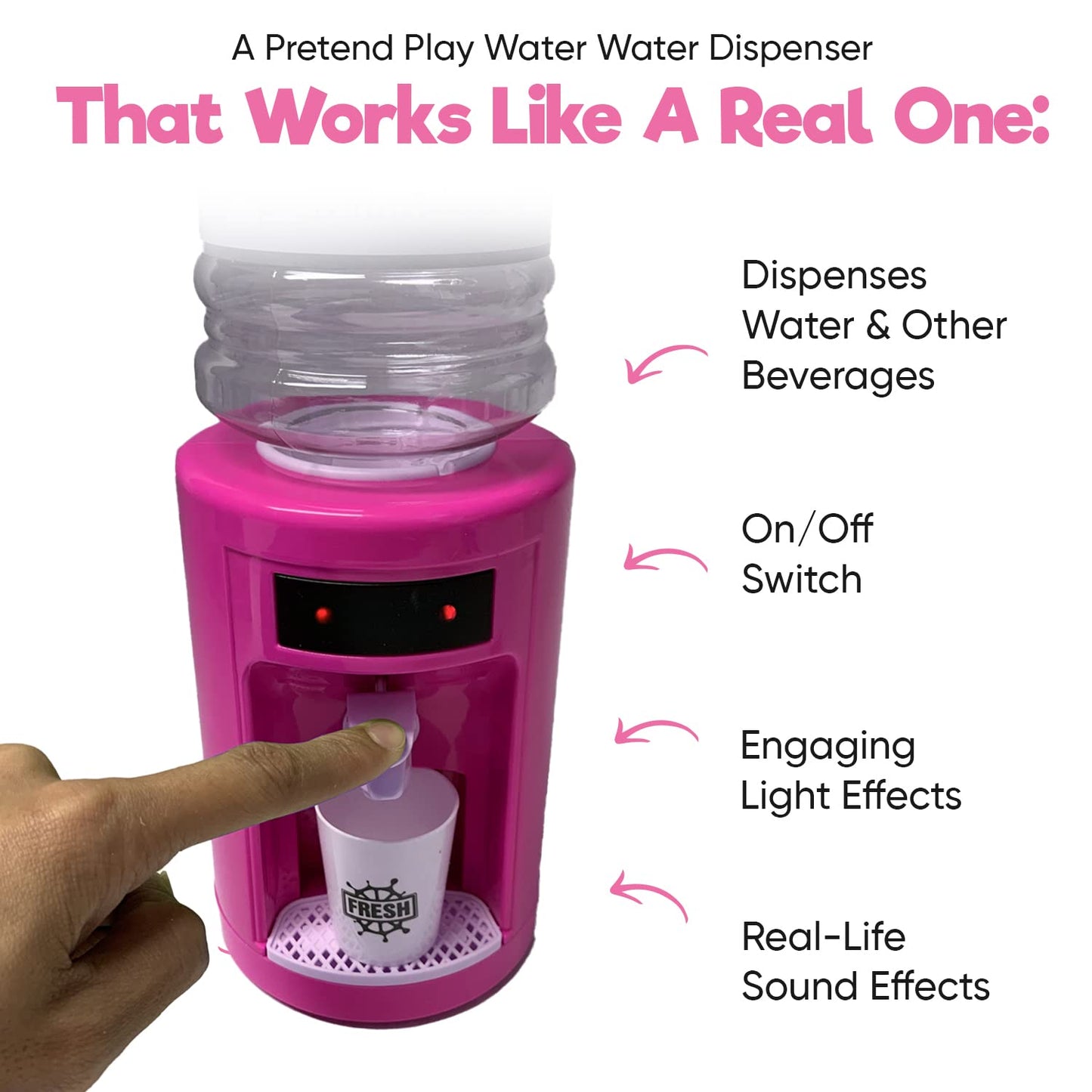 Misco Toys Kids Pretend Play Water Cooler Toy playset Kitchen Appliances, Childrens Pretend Play Action-Fun Appliance Set for Toddlers, Realistic use and Cups, Ages 3+ (Pink)