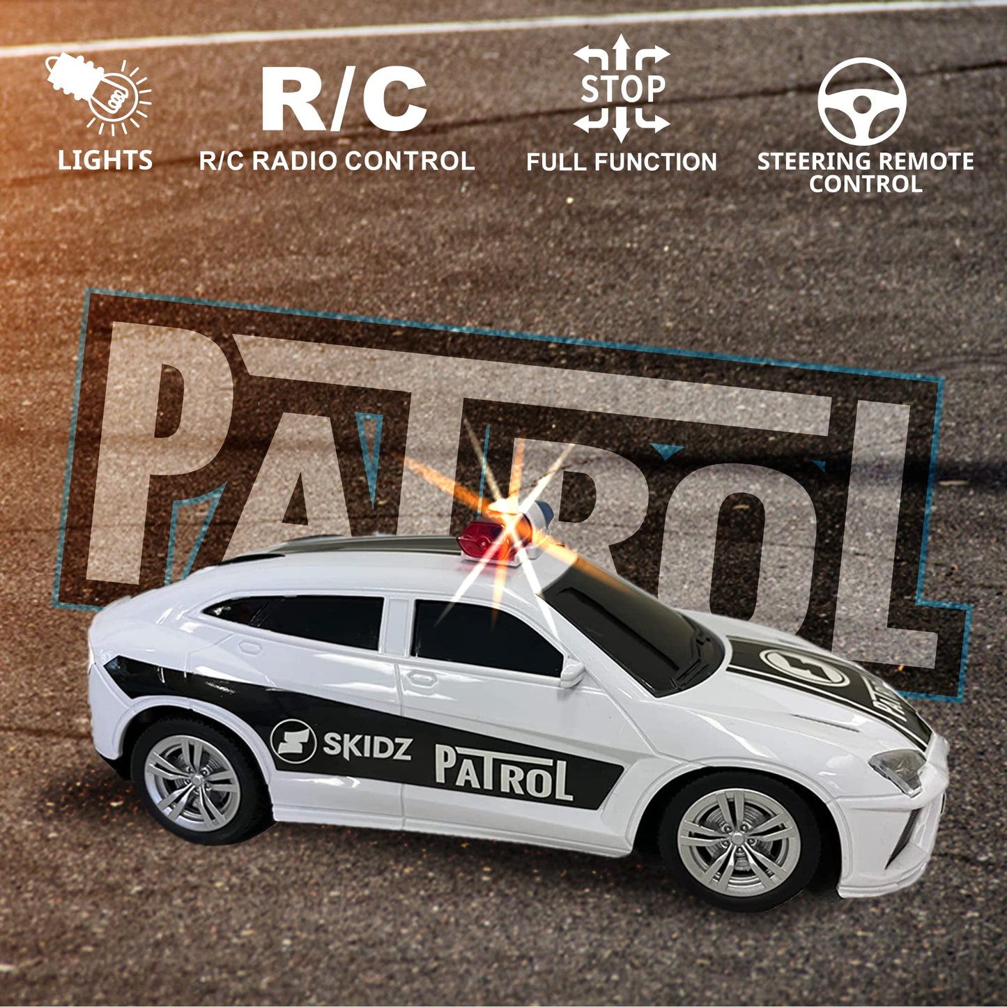 Skidz RC Kids Remote Control Police Car for Kids, RC Patrol Toy Car with Lights and Sirens for Boys; High Speed Remote Control cop car Racer, Police Car Toy Gift for Toddlers 3+ (Black)