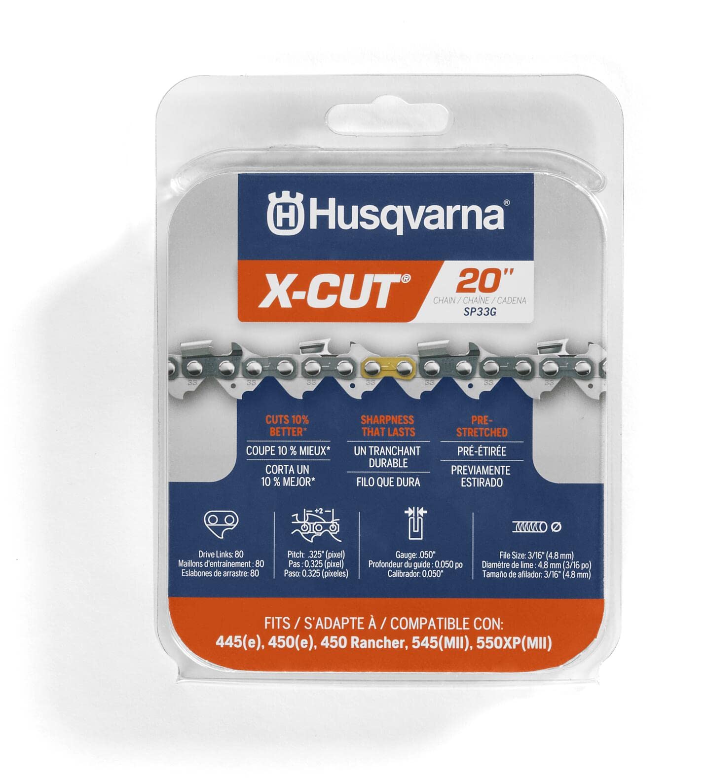 Husqvarna X-Cut SP33G 20 Inch Chainsaw Chain, .325" Pitch, .050" Gauge, 80 Drive Links, Pre-Stretched Chainsaw Blade Replacement with Superior Lubrication and Low Kickback, 581643680