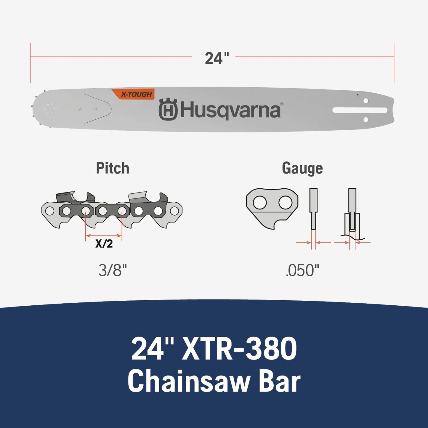 Husqvarna X-Tough 24 inch Chainsaw Bar, 3/8" pitch, .050" gauge and 84 drive links