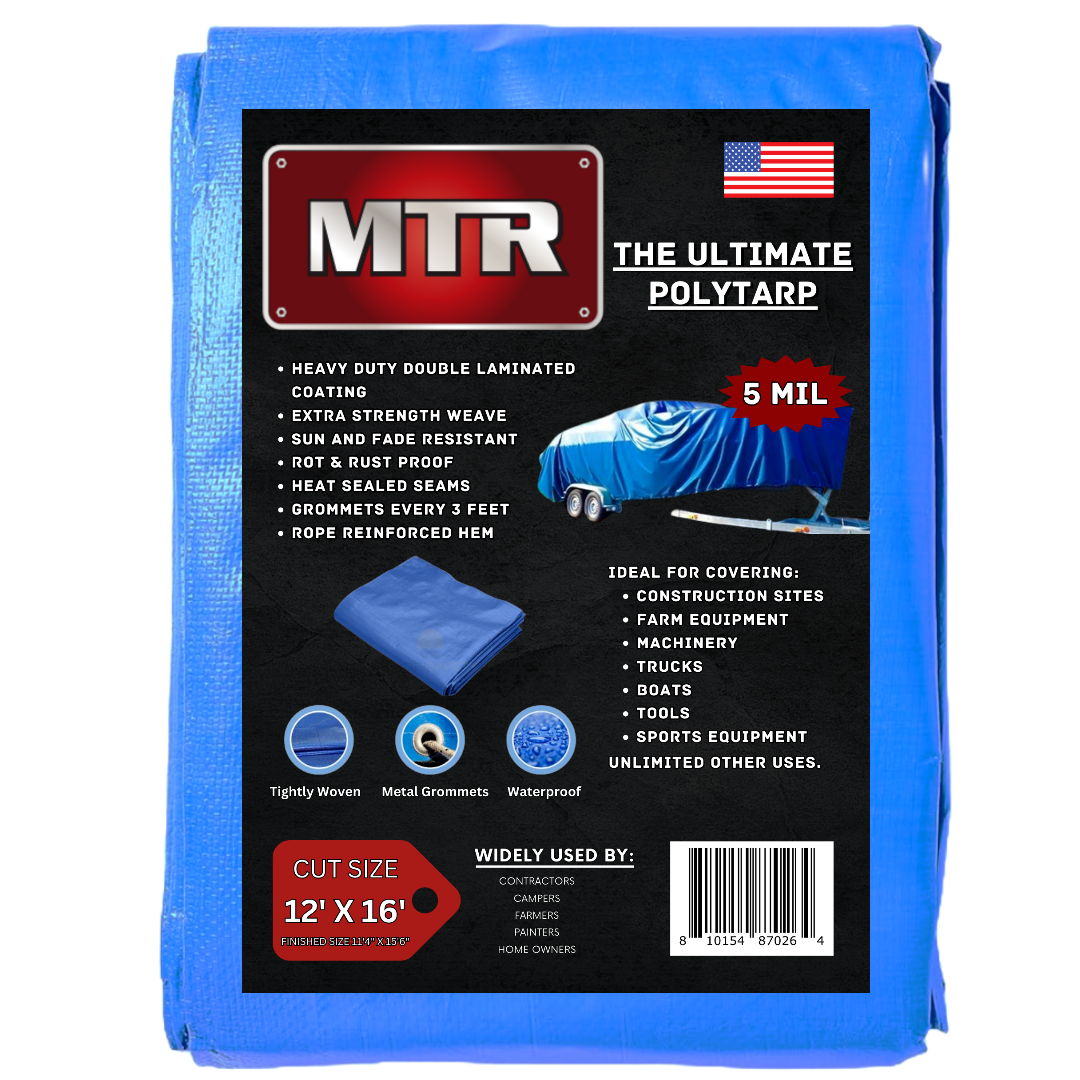 The Ultimate Polytarp 12'X 16'  MTR 5 Mil Multi-Use Waterproof Outdoor Blue Tarp Durable 5 Mil Blue Tarpaulin 36" Rot & Rustproof Grommets Sun & Fade Resistant Camping Boating Backyard Extra Strength Weave