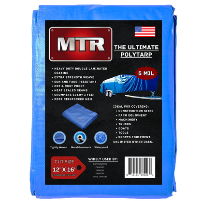 The Ultimate Polytarp 12'X 16'  MTR 5 Mil Multi-Use Waterproof Outdoor Blue Tarp Durable 5 Mil Blue Tarpaulin 36" Rot & Rustproof Grommets Sun & Fade Resistant Camping Boating Backyard Extra Strength Weave