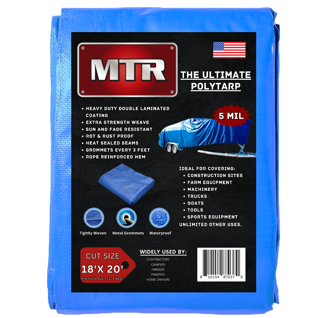 The Ultimate Polytarp 18'X 20'   MTR 5 Mil Multi-Use Waterproof Outdoor Blue Tarp Durable 5 Mil Blue Tarpaulin 36" Rot & Rustproof Grommets Sun & Fade Resistant Camping Boating Backyard Extra Strength Weave