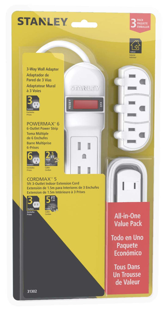 Stanley 31302 PowerMax Value Pack Outlet Power Strips, White, 3-Pack