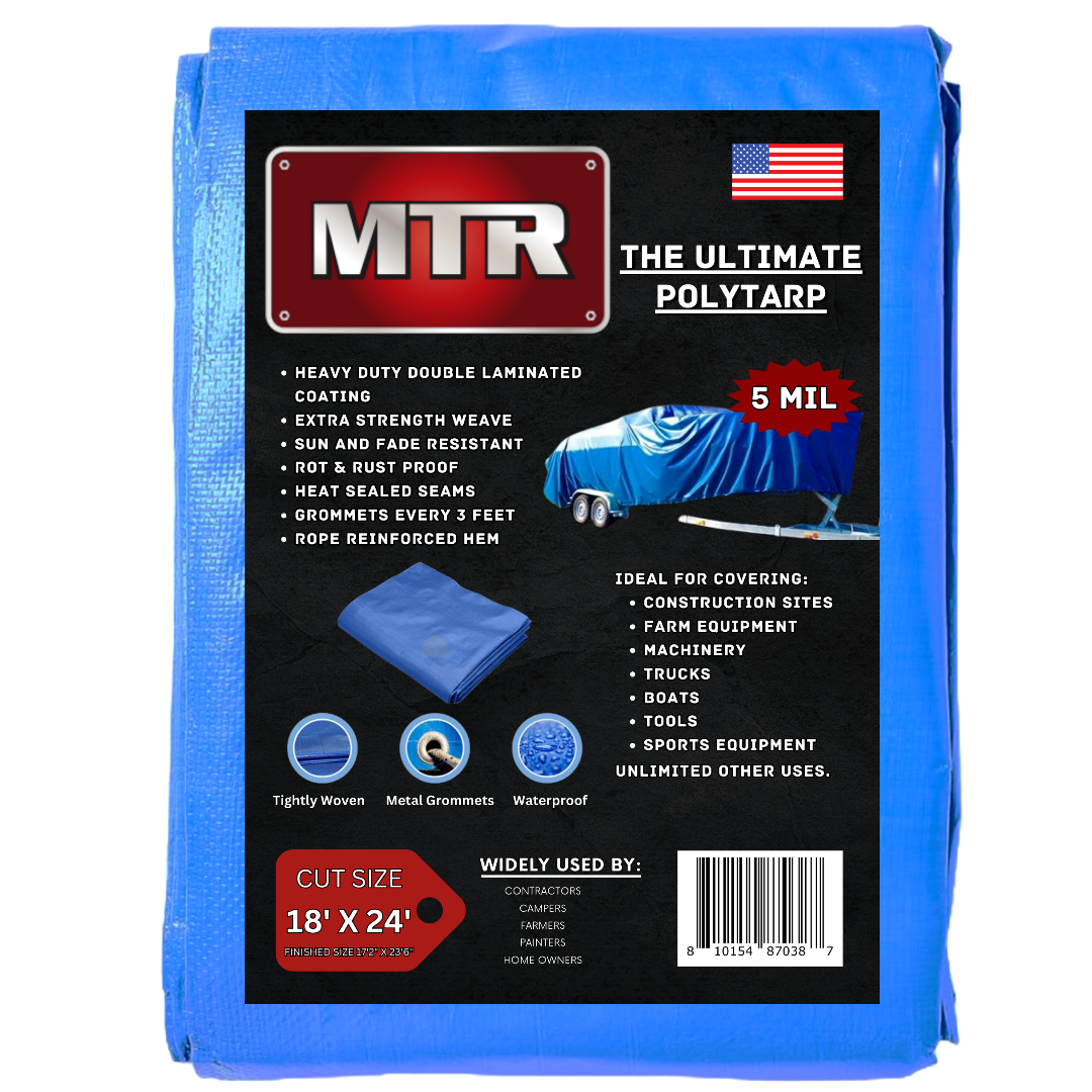 The Ultimate Polytarp 18'X24' MTR 5 Mil Multi-Use Waterproof Outdoor Blue Tarp Durable 5 Mil Blue Tarpaulin 36" Rot & Rustproof Grommets Sun & Fade Resistant Camping Boating Backyard Extra Strength Weave