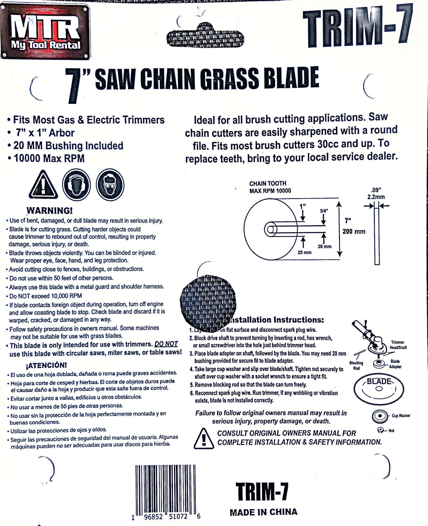 MTR Saw Chain Tooth Brush Cutter Blades 7” & 9” Circular Blade Weed Eater Cutter Trimmer 10,000RPM Steel Grass Brush Cutter Blade Forest Trees Wood Metal Multi Use Blades & Bundle Kits