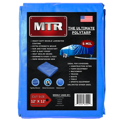 The Ultimate Polytarp 12'X 12'  MTR 5 Mil Multi-Use Waterproof Outdoor Blue Tarp Durable 5 Mil Blue Tarpaulin 36" Rot & Rustproof Grommets Sun & Fade Resistant Camping Boating Backyard Extra Strength Weave