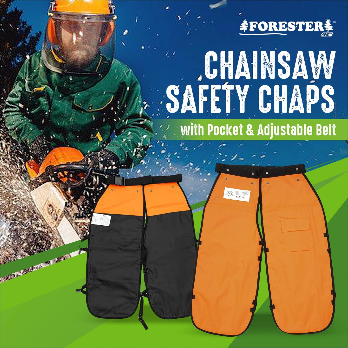 FORESTER Chainsaw Chaps for Men - Adjustable Belt - Chain Saw Chaps for Men, Apron Style W/Pocket, Chainsaw Safety Equipment