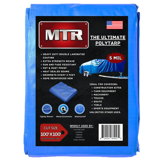 The Ultimate Polytarp  100'X 100'  MTR 5 Mil Multi-Use Waterproof Outdoor Blue Tarp Durable 5 Mil Blue Tarpaulin 36" Rot & Rustproof Grommets Sun & Fade Resistant Camping Boating Backyard Extra Strength Weave