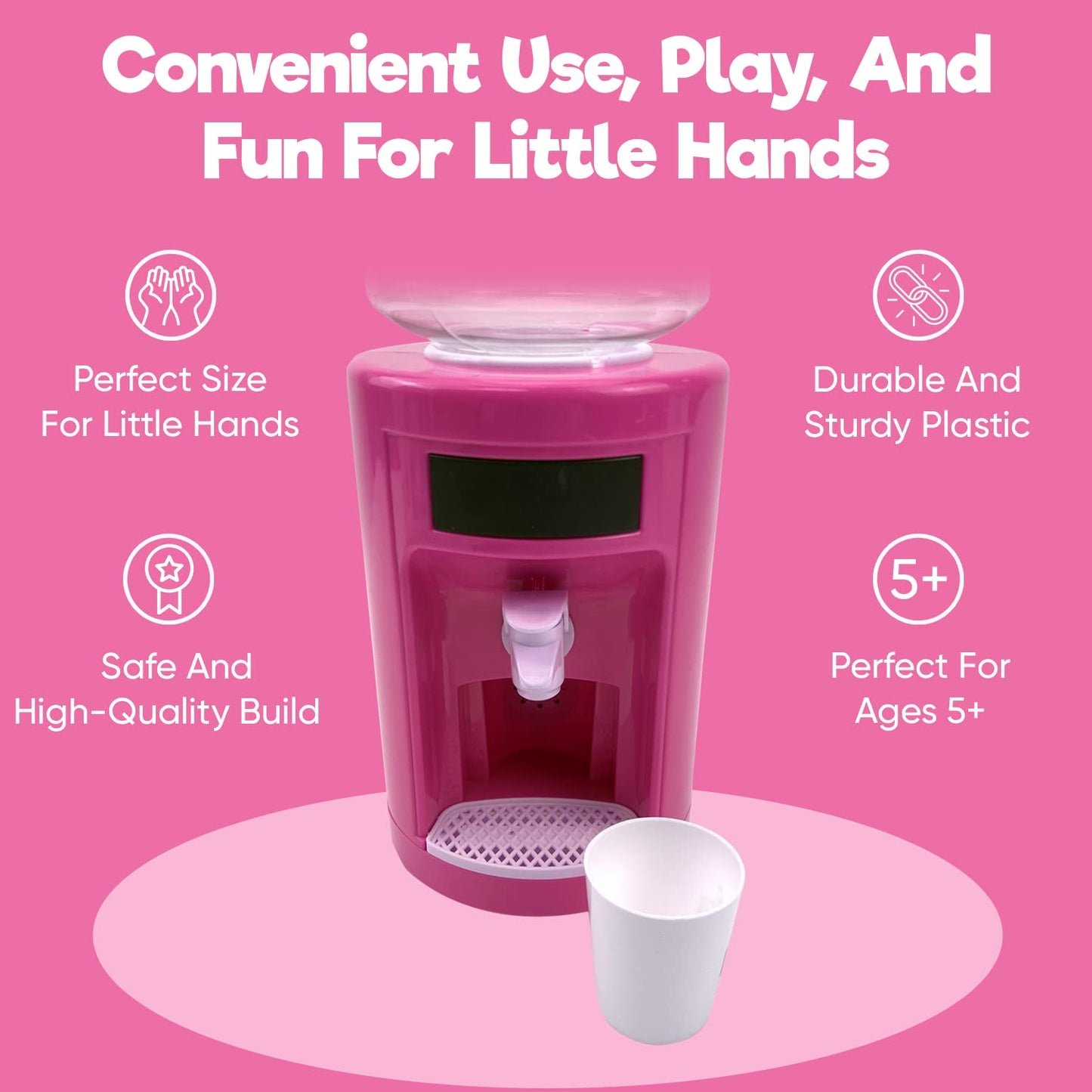 Misco Toys Kids Pretend Play Water Cooler Toy playset Kitchen Appliances, Childrens Pretend Play Action-Fun Appliance Set for Toddlers, Realistic use and Cups, Ages 3+ (Pink)