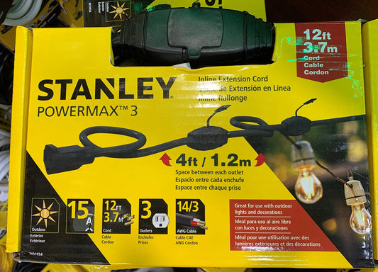 POWERMAX 12FT 3-OUTLET IN-LINE OUTDOOR EXTENSION CORD,