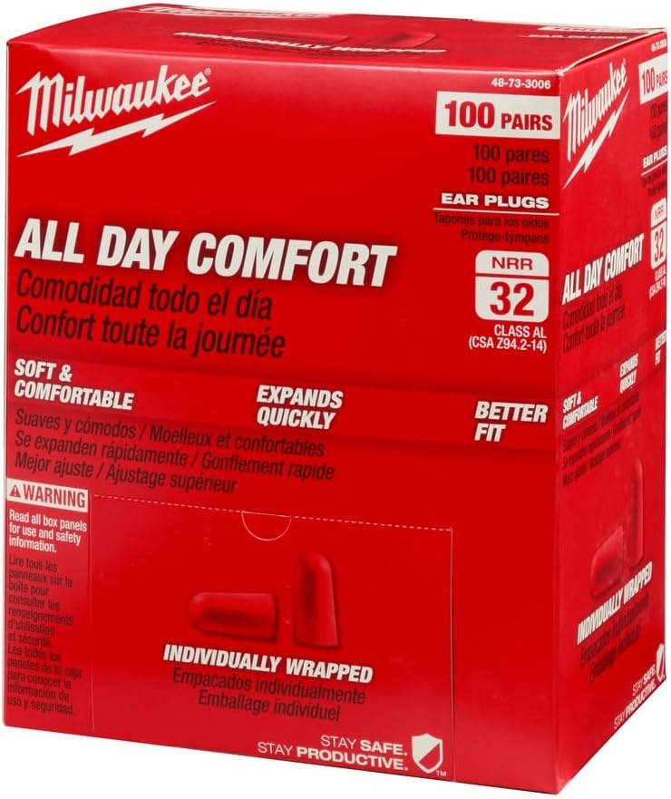 Milwaukee All Day Comfort Ear Plugs - Individually Wrapped (Box of 100 Pair)