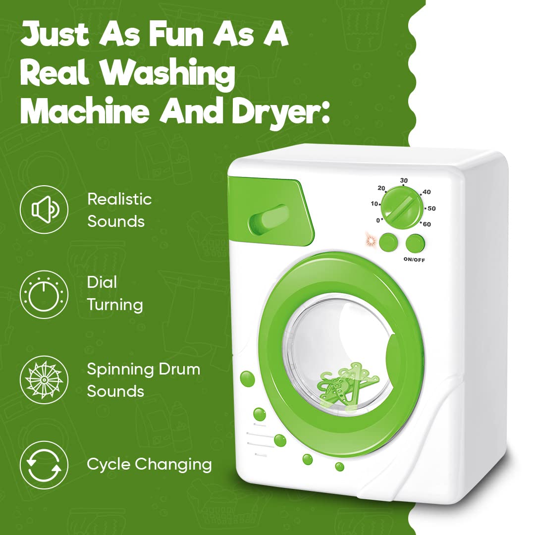 Misco Toys Kids Pretend Play Washing Machine Toy playset, Children Toy wash Machine Appliance Set for Toddlers, Real Life Lights and Sounds, Great Gift Ages 3+ (Green)