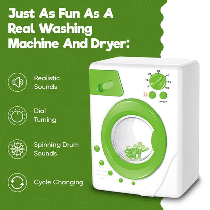 Misco Toys Kids Pretend Play Washing Machine Toy playset, Children Toy wash Machine Appliance Set for Toddlers, Real Life Lights and Sounds, Great Gift Ages 3+ (Green)