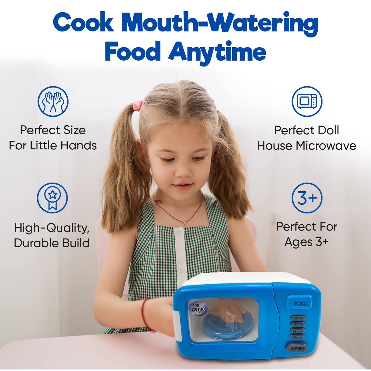 Misco Toys Kids Microwave Kitchen Appliances, Childrens Microwave Oven Pretend Play Appliance Set for Toddlers, Cookware Toy Set, Real Function Lights and Sounds, Ages 3+ (Blue)