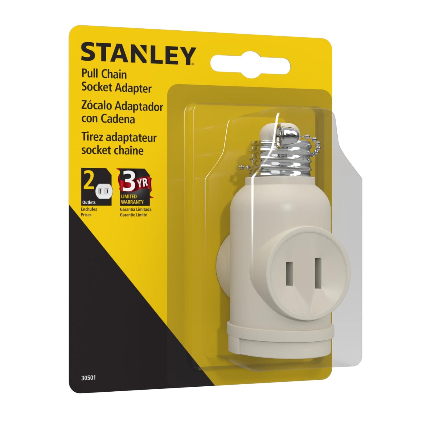 Stanley 30501 Pull Chain Socket Adapter, 2-outlet Light Bulb Socket Adapter, Beige