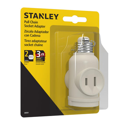 Stanley 30501 Pull Chain Socket Adapter, 2-outlet Light Bulb Socket Adapter, Beige
