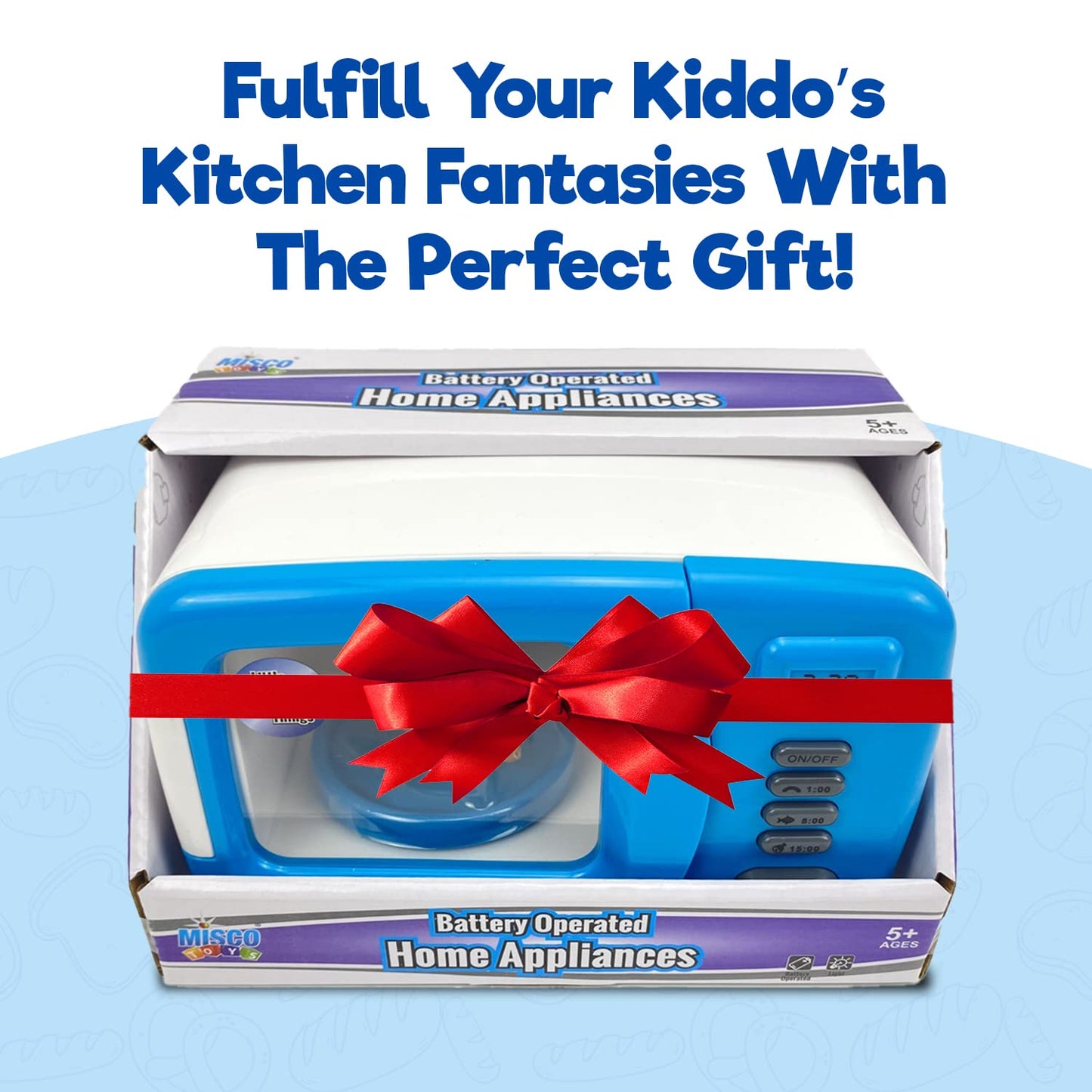 Misco Toys Kids Microwave Kitchen Appliances, Childrens Microwave Oven Pretend Play Appliance Set for Toddlers, Cookware Toy Set, Real Function Lights and Sounds, Ages 3+ (Blue)