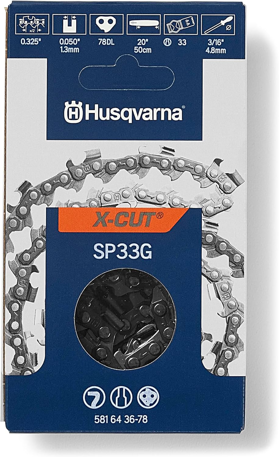 Husqvarna X-Cut SP33G 20 Inch Chainsaw Chain, .325" Pitch, .050" Gauge, 78 Drive Links, Pre-Stretched Chainsaw Blade Replacement with Superior Lubrication and Low Kickback, Gray