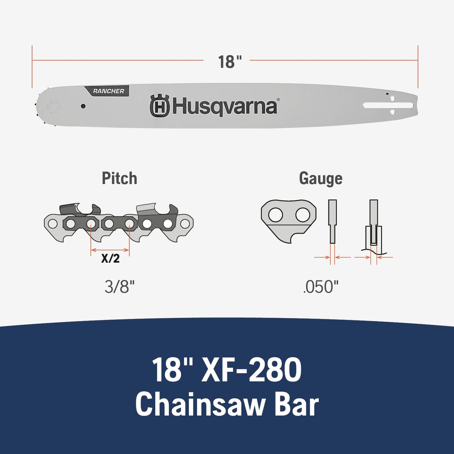 Husqvarna 18 Inch Rancher Chainsaw Bar, 3/8" Pitch .050" Gauge, 68 Drive Links, Chainsaw Accessories