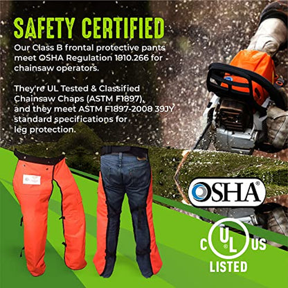 FORESTER Chainsaw Chaps for Men - Adjustable Belt - Chain Saw Chaps for Men, Apron Style W/Pocket, Chainsaw Safety Equipment