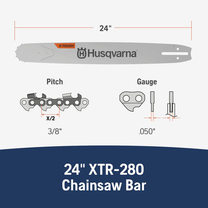Husqvarna X-Tough 24 inch Chainsaw Bar, 3/8" Pitch, .050" Gauge and 84 Drive Links