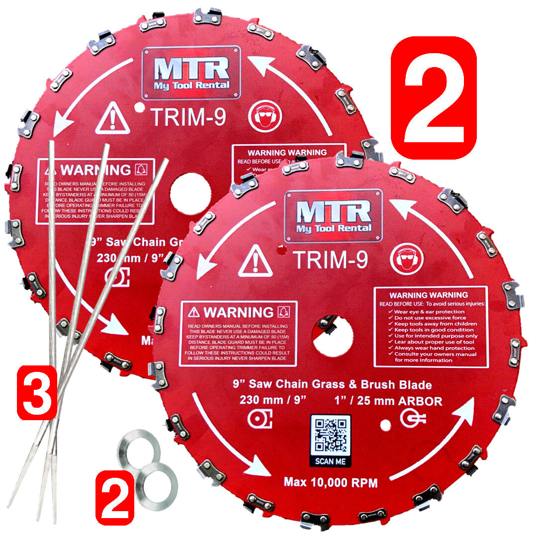 MTR 9” 2PK Saw Chain Tooth Brush Cutter Blade Kit Includes 3 Files 2 Washers 20 Tooth Circular Blade Weed Eater Cutter Trimmer 10,000RPM Steel Grass Brush Cutter Blade