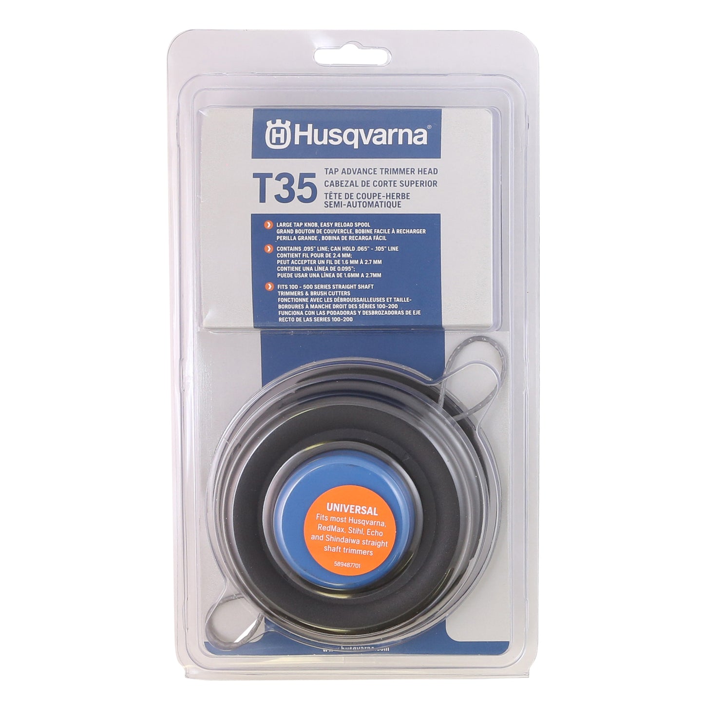 Husqvarna 537388101 Universal T35 Tap Advance String Trimmer Head for Straight Shaft Trimmers, Universal Weed Eater Head Prewound with .095-Inch Trimmer Line, Blue/Black