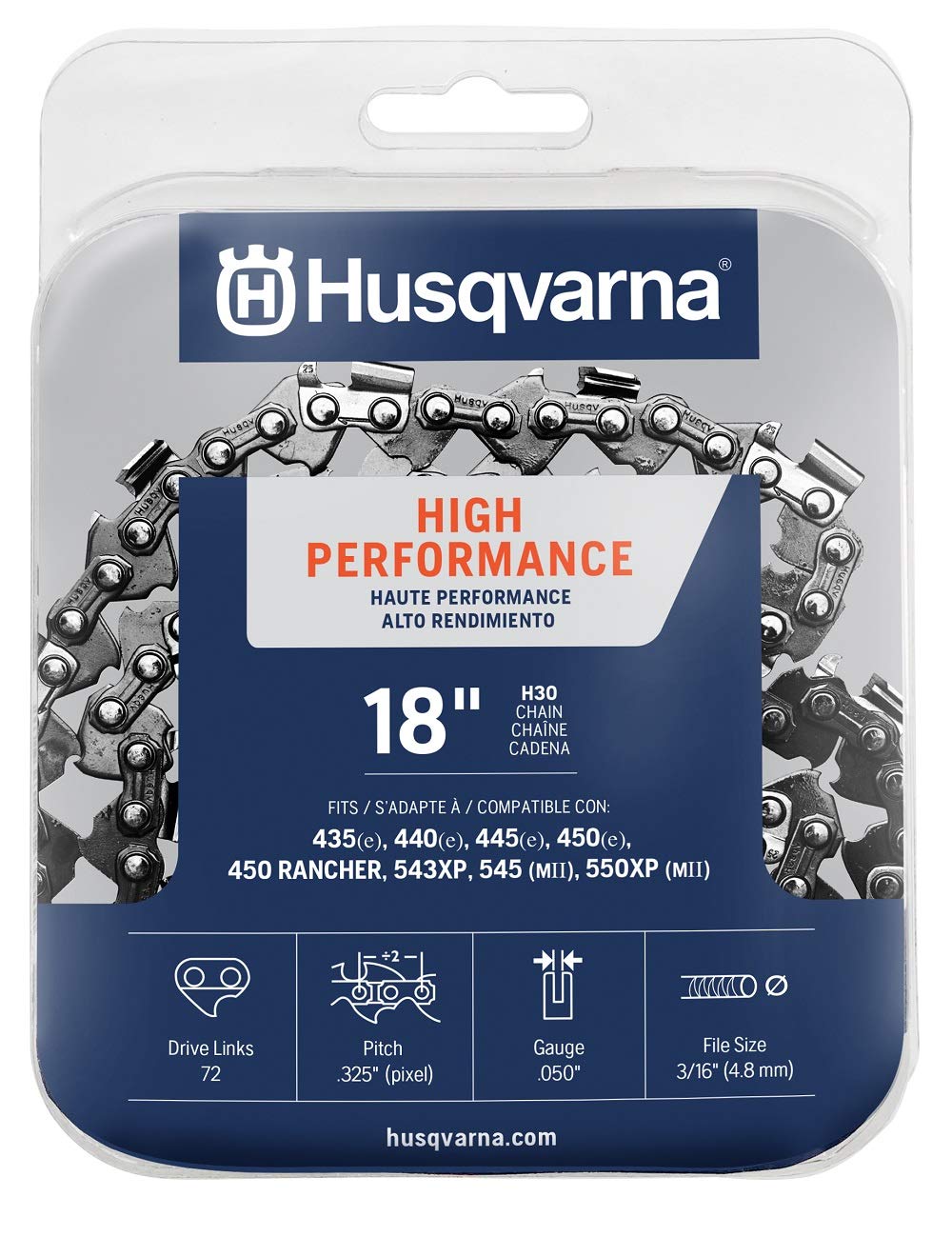 Husqvarna Chainsaw Chain 18-Inch .050 Gauge .325 Pitch Low Kickback Low-Vibration, Orange/Gray, 18 inches (531300439)