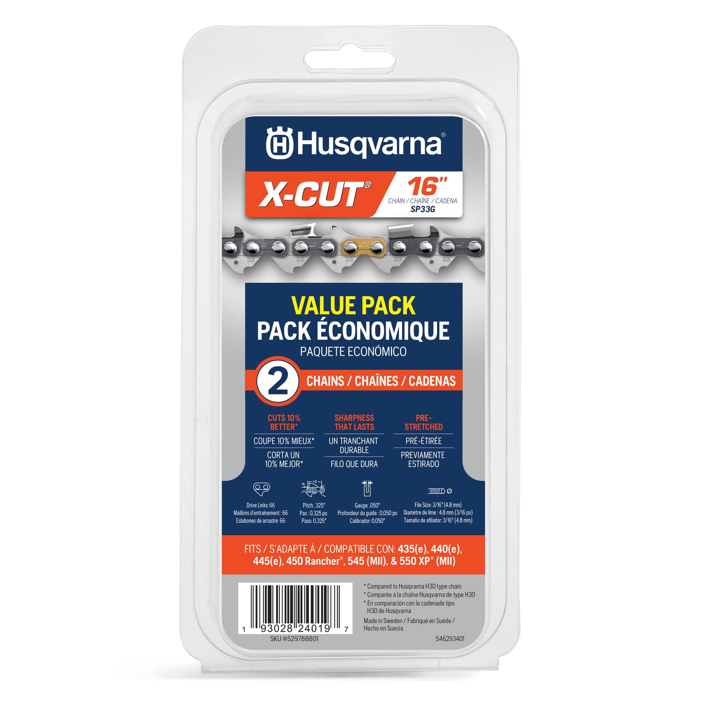 Husqvarna X-Cut SP33G 16 Inch Chainsaw Chain, (2 PACK), .325" Pitch, .050" Gauge, 66 Drive Link