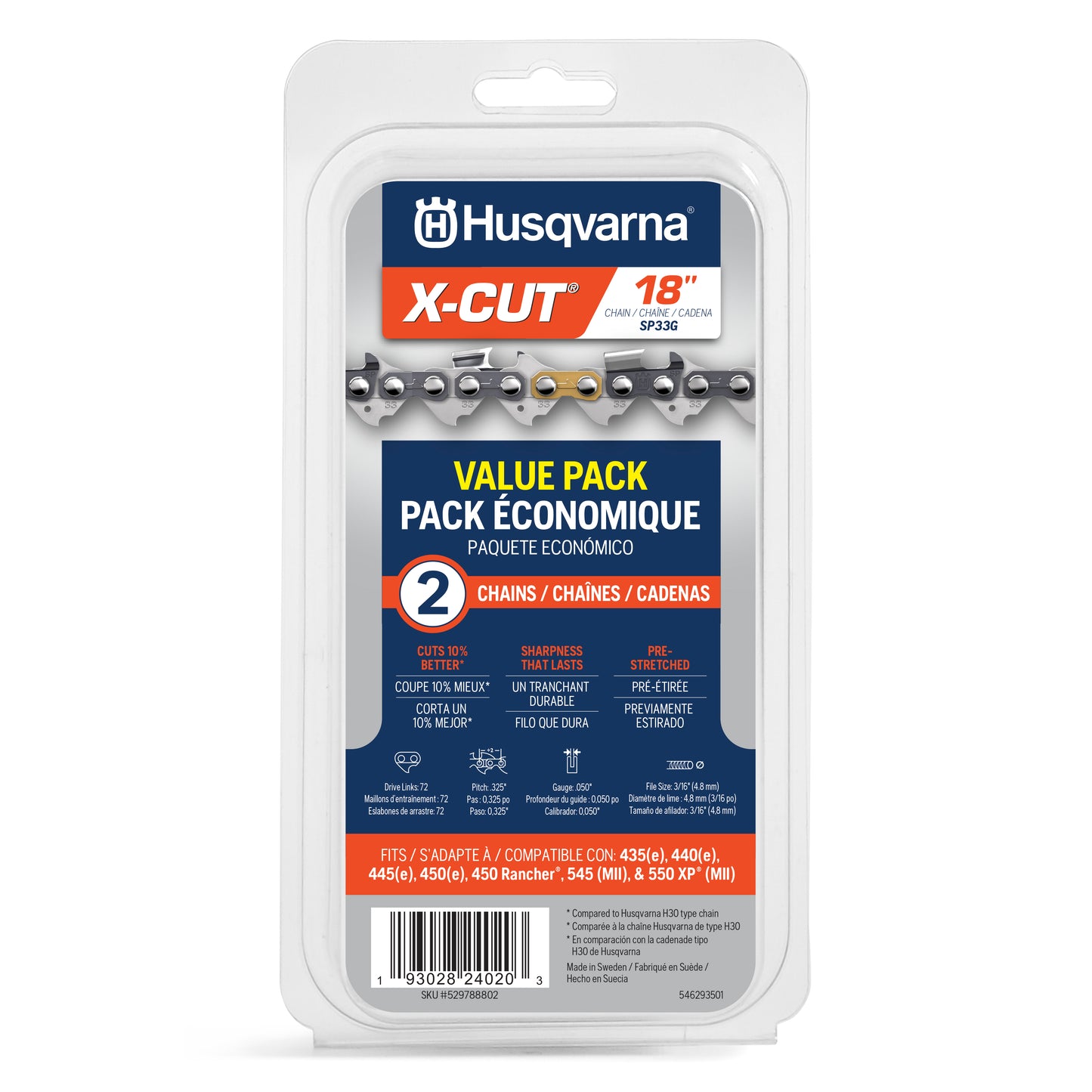 Husqvarna X-Cut SP33G 18 Inch Chainsaw Chain, (2 PACK), .325"" Pitch, .050"" Gauge, 72 Drive Link