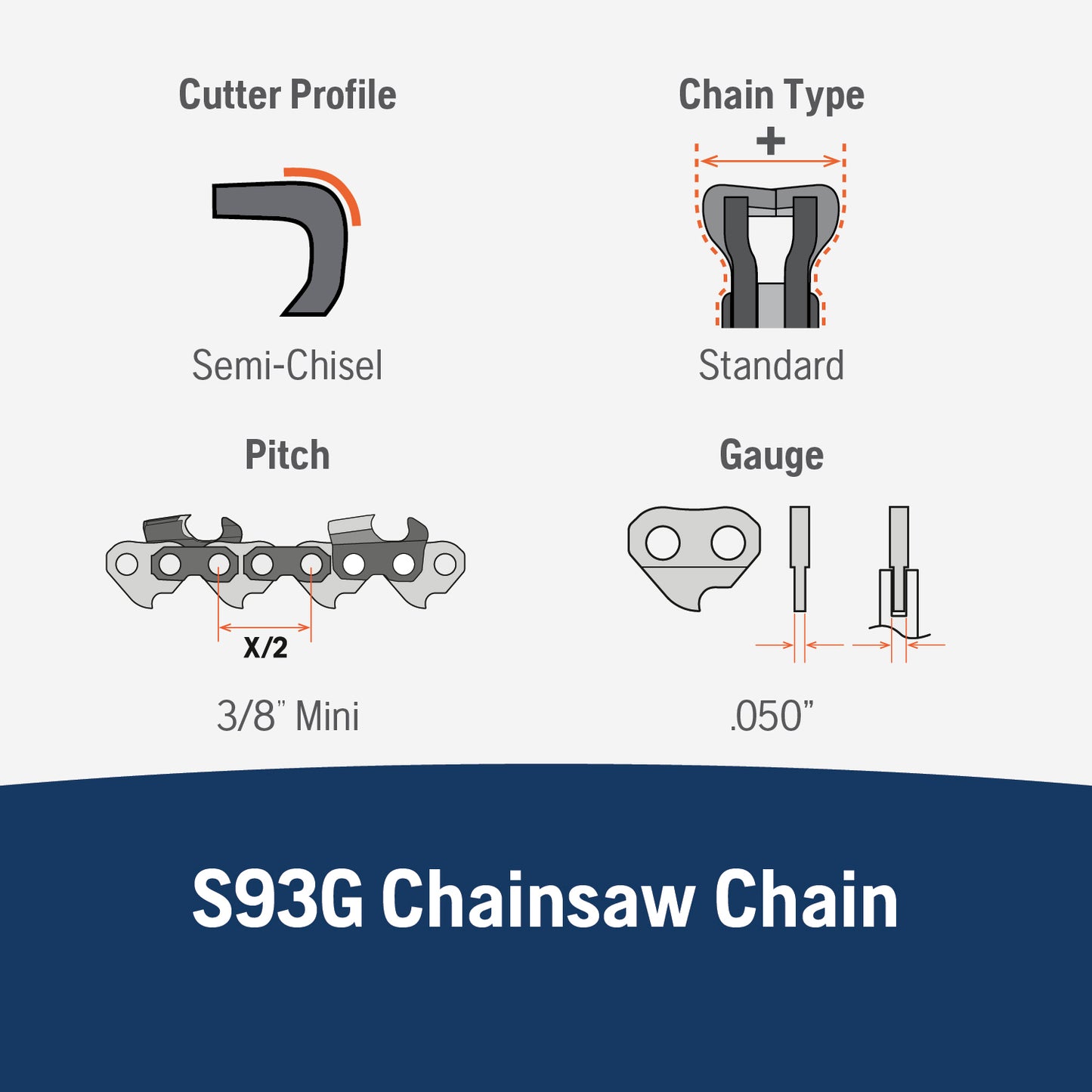 Husqvarna X-Cut S93G 14 Inch Chainsaw Chain Replacement with 3/8" Mini Pitch, .050 Gauge, and 52 Drive Links